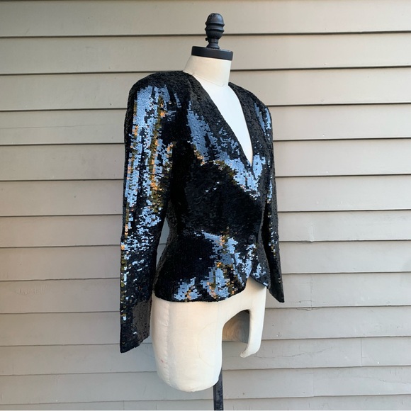 Vintage 80s Black Sequined Silk Peplum Blazer Formal Holiday Jacket Oleg Cassini - Picture 5 of 14